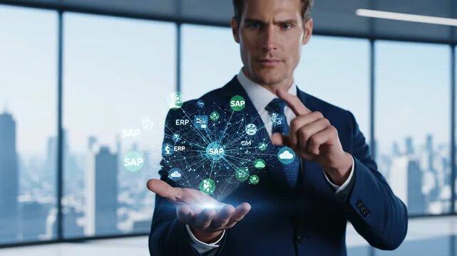 Businessman Presenting SAP Business Solutions - A businessman in a suit stands in a modern office, showcasing a glowing digital network of SAP business solutions and icons in his palm. - Powered by Adobe