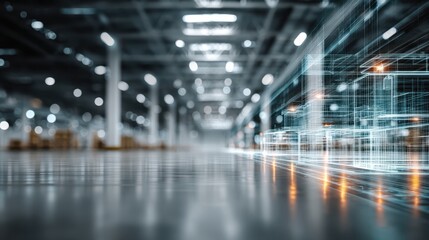 A futuristic view of a spacious industrial space, featuring blurred lights and digital overlays, suggesting advanced technology and innovation.