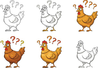 Funny cartoon chickens with question marks, confused hen expressions, farm animal illustration, thinking birds, poultry characters, vector clipart set.