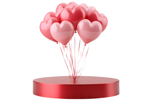  pink heart-shaped balloons on top of a red, round podium. valentine's day theme, transparent background, png element - Powered by Adobe