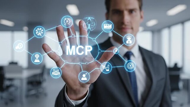 Businessman Presenting MCP Network Concept - A businessman displays a digital network of interconnected icons, centered around the acronym MCP, illustrating a complex business process or system.