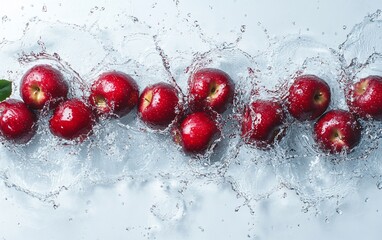 Red apples scattered amidst a splash of water, some with a leaf. Fresh, vibrant, and clean