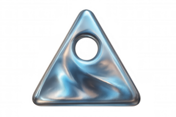 Distorted triangular metallic shape with a central hole, featuring a transparent background, ideal for graphic design projects