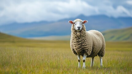 Fototapeta premium Sheep standing in a vast, grassy field, mountains in background