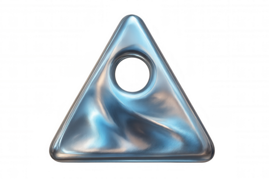 Distorted triangular metallic shape with a central hole, featuring a transparent background, ideal for graphic design projects