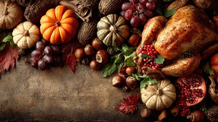 Thanksgiving Feast: An autumn's harvest, featuring roasted turkey, pumpkins, gourds, nuts, grapes, and pomegranates, creating a warm and inviting still life arrangement. Generative Ai