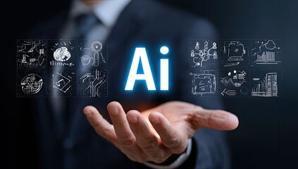 Businessman's hand holds glowing "AI" text, surrounded by various data visualizations