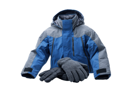 Blue Winter Jacket and Gloves on Transparent Background