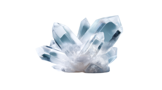 Clear quartz cluster with intricate facets and internal fractures, cut out transparent