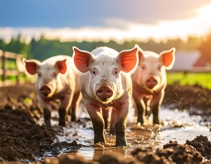 Three piglets in a muddy puddle