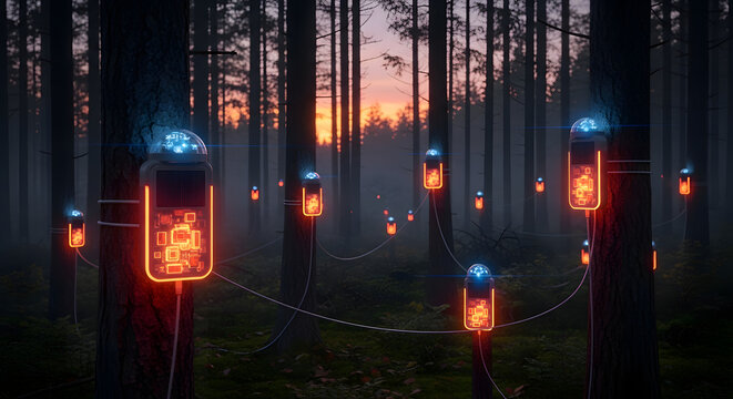 Forest Biometric Monitoring with Futuristic Sensors on Treescape at Sunset
