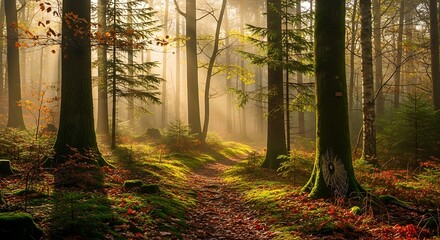 Sunlight Streams Through Misty Forest Path.