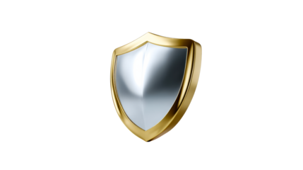 Golden medieval shield emblem with reflective surface on transparent background, cut out transparent