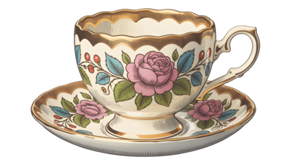 Exquisite vintage teacup and saucer with delicate rose floral pattern and ornate gold trim
