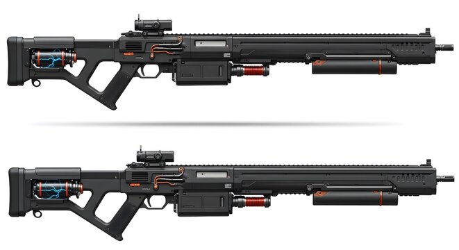 Futuristic Electromagnetic Railgun Rifle &ndash; Top and Side View