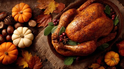 Thanksgiving Feast: A beautifully roasted turkey, surrounded by seasonal autumnal gourds and fallen leaves, offers a warm invitation to a harvest gathering. Generative Ai