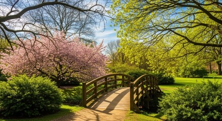 Enchanting garden path leads over a wooden bridge beneath blooming cherry blossoms and lush green trees