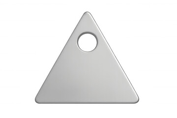 Metallic triangular label with central opening, positioned against transparent backdrop, ready for personalized graphic or text insertion