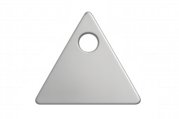 Metallic triangular label with central opening, positioned against transparent backdrop, ready for personalized graphic or text insertion