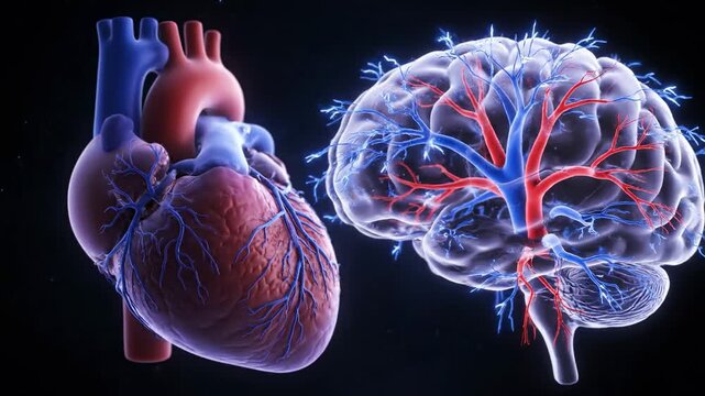 Human Heart and Brain Blood Flow - A detailed 3D video showcases the human heart and brain, with a focus on the intricate network of blood vessels supplying both organs.