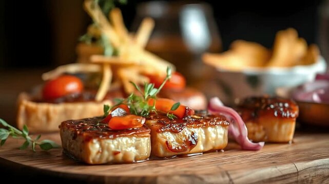 Appetizing plate featuring square cuts of glazed food topped with tomato  herbs accompanied by sides like fries and pickled onions