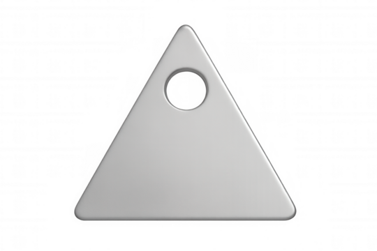Metallic triangular label with central opening, positioned against transparent backdrop, ready for personalized graphic or text insertion