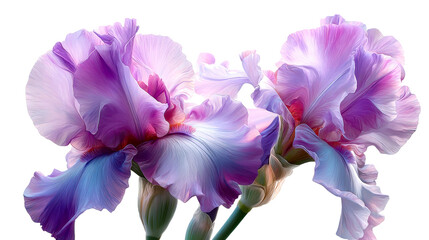 Close up of two delicate purple and blue iris flowers with detailed petals on a transparent background, cut out transparent