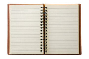 Open notebook with lined pages and spiral binding isolated on a transparent background