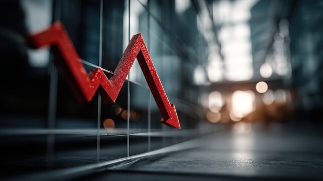 A red downward arrow symbolizing a decline in financial markets, set against a blurred background of modern architecture.