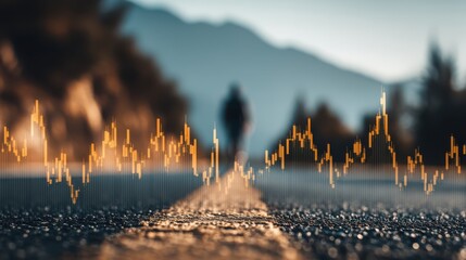 A lone figure walks along a road, with a dramatic graph overlay symbolizing data trends against a blurred mountainous background.