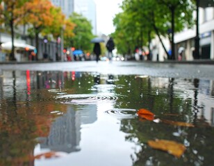 Rainy city street, puddle reflections