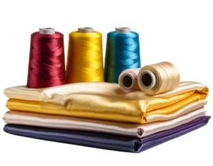 A realistic arrangement of silk thread spools placed next to neatly folded silk fabri 608658