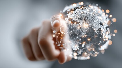 A hand reaches out to touch a glowing, digital representation of the Earth, showcasing interconnected networks and a futuristic feel.