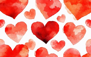 Watercolor heart pattern. Varied sizes, shades of red, on white background. Romantic and artistic feel