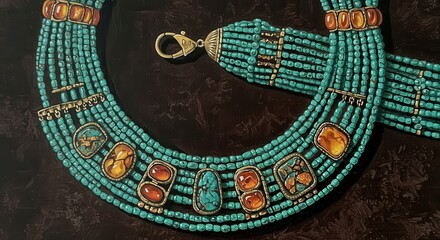 A detailed close-up of a multi-strand necklace, showcasing vibrant turquoise beads and intricate amber and gemstone inlays.