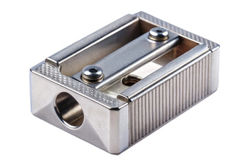 Shiny metal pencil sharpener isolated on black studio background ideal for office and school supplies transparent background