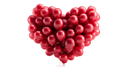 Heart shaped cluster of red balloons on transparent background, cut out transparent