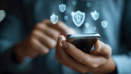 Close-up of hands holding a phone, security shields floating above