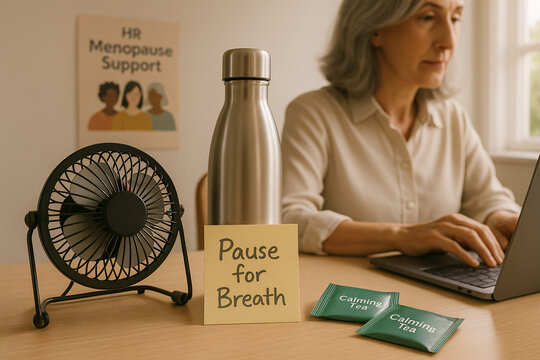 Mature woman working on a laptop beside calming items like a tea packet, water bottle, fan, and motivational note in a workplace menopause support setting.
