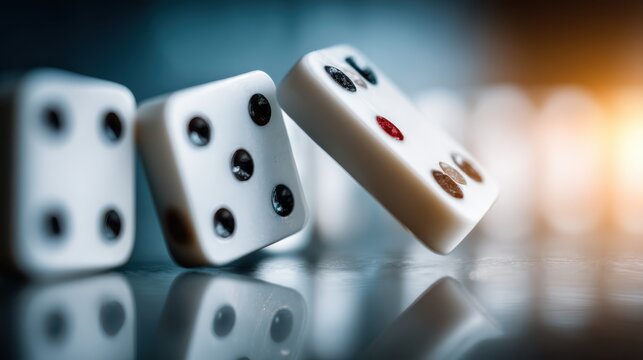 A close-up of white dice arranged in a falling sequence, showcasing their pips against a blurred background with warm lighting.
