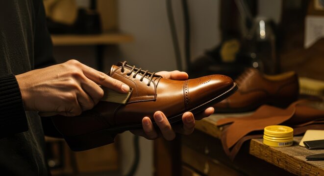 Skilled hands meticulously polish a rich brown leather shoe, showcasing a traditional shoemaking process in a dimly lit workshop.