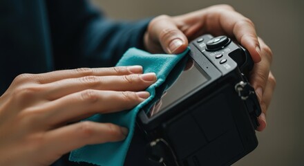 Close-up of hands meticulously cleaning a digital camera with a teal microfiber cloth.