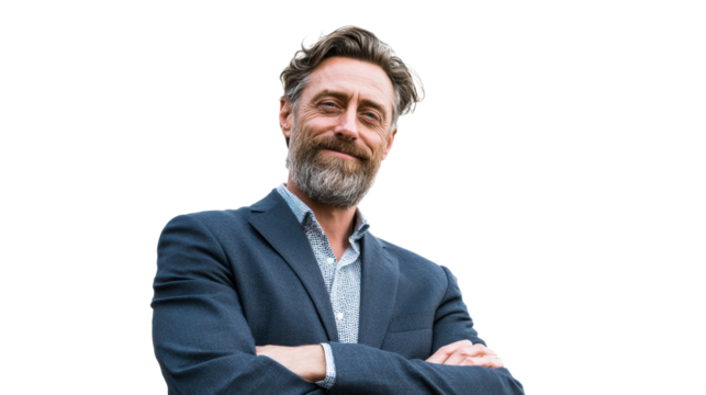 Confidant middle-aged man with grey beard wearing a suit jacket and patterned shirt folded arms, cut out transparent