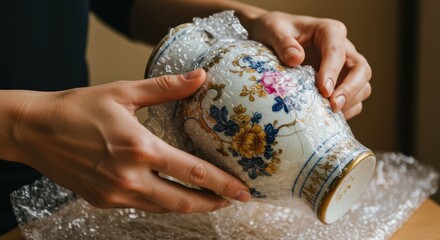 A decorative porcelain vase is carefully wrapped in bubble wrap for protection during relocation.