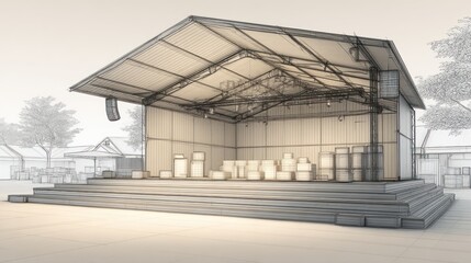 Outdoor stage blueprint sketch, stacked boxes, with structure detail and trees