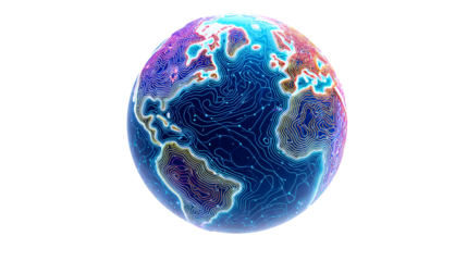 Global topography with vibrant topographic lines and glowing data points, cut out transparent