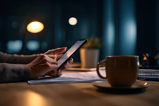 Close-up of hands using smartphone at night, documents and coffee