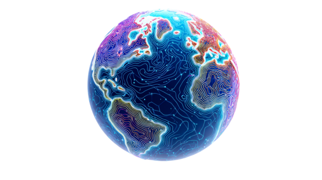 Global topography with vibrant topographic lines and glowing data points, cut out transparent