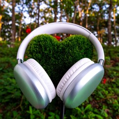 White and silver headphones resting on a heart-shaped bush outdoors.