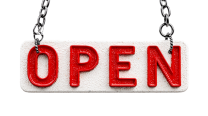 Red Open Sign with Metallic Chain Suspension, cut out transparent